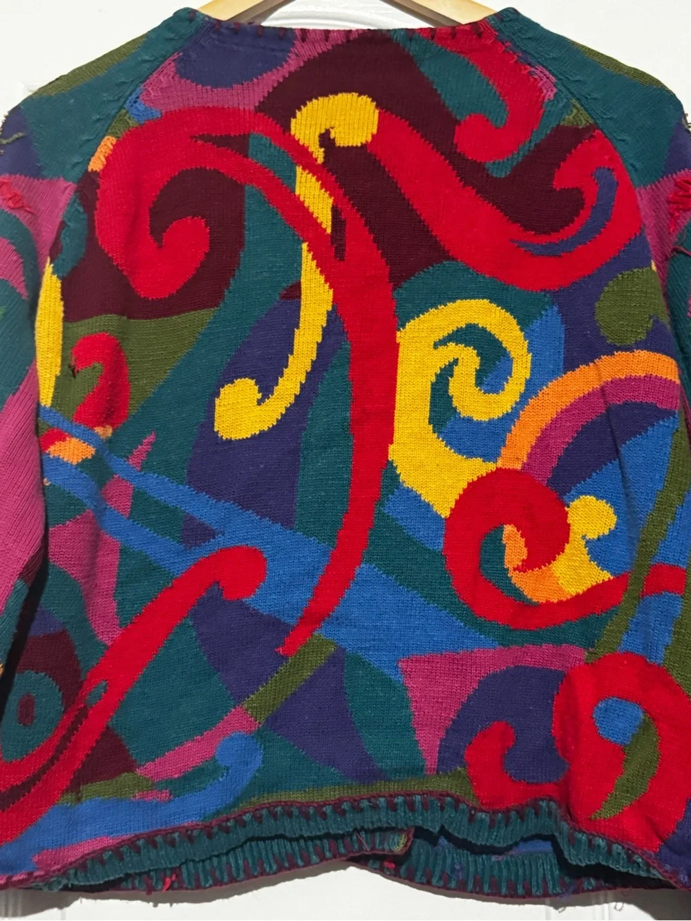 Michael Simon Multicolor Abstract Knit Cardigan with Red and Purple Accents